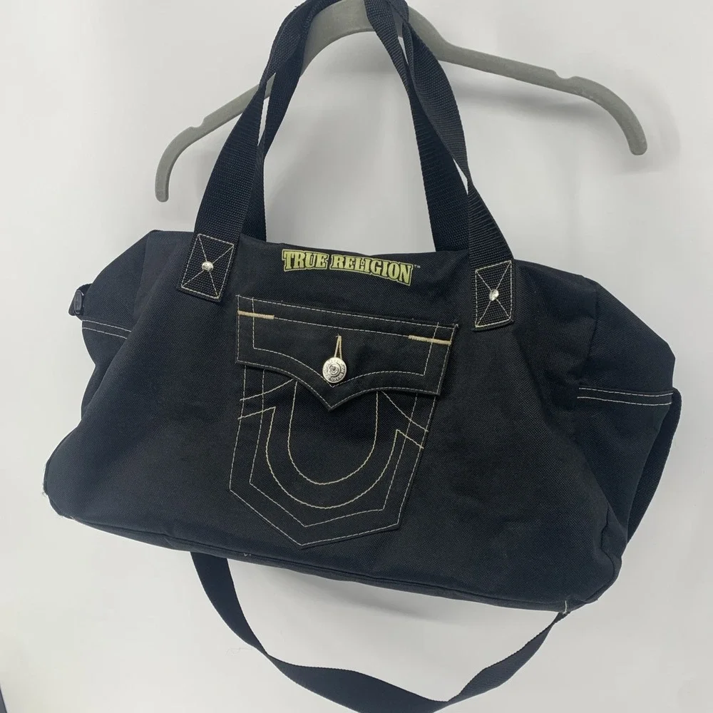 True Religion Black Duffle Bag with Zip Closure, Adjustable Strap, Side Pocket